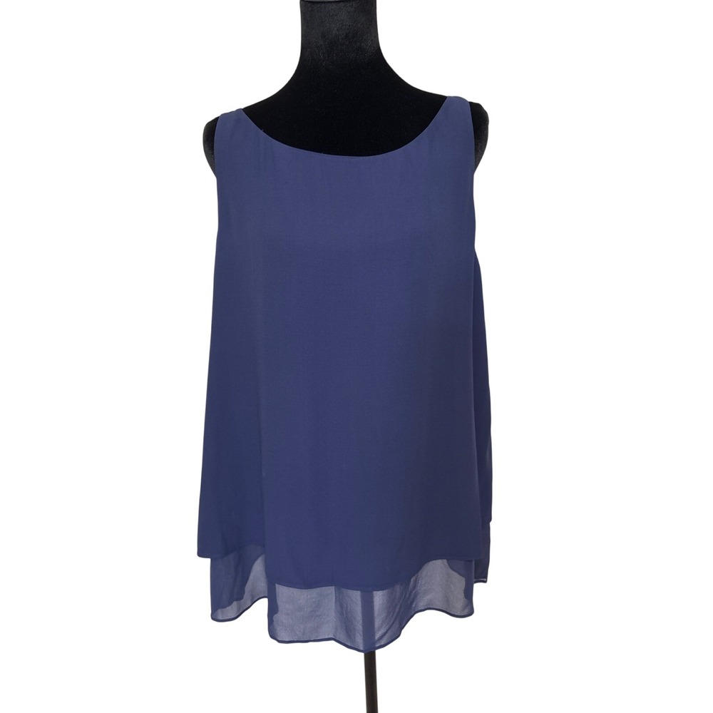 Eileen Fisher Navy Blue 100% Silk Georgette Crepe Sleeveless Shell Top Large
